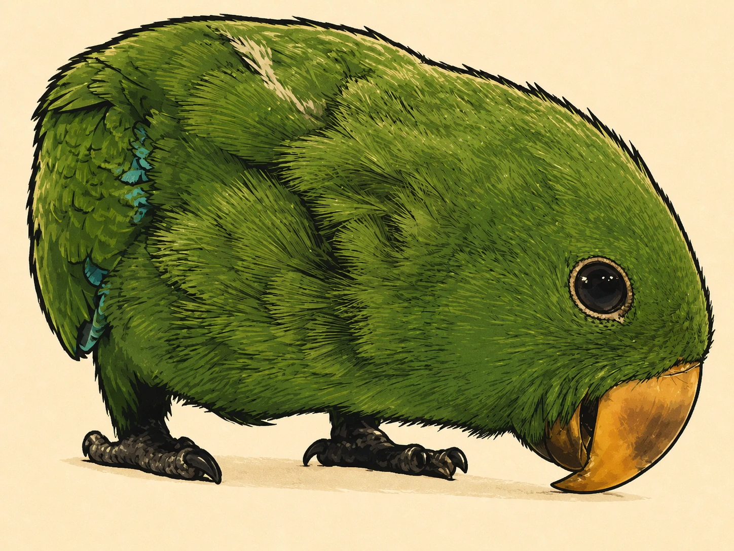 Ink-and-marker illustration of Albert crouched low with his head down, showing the teal flashes on his wing.