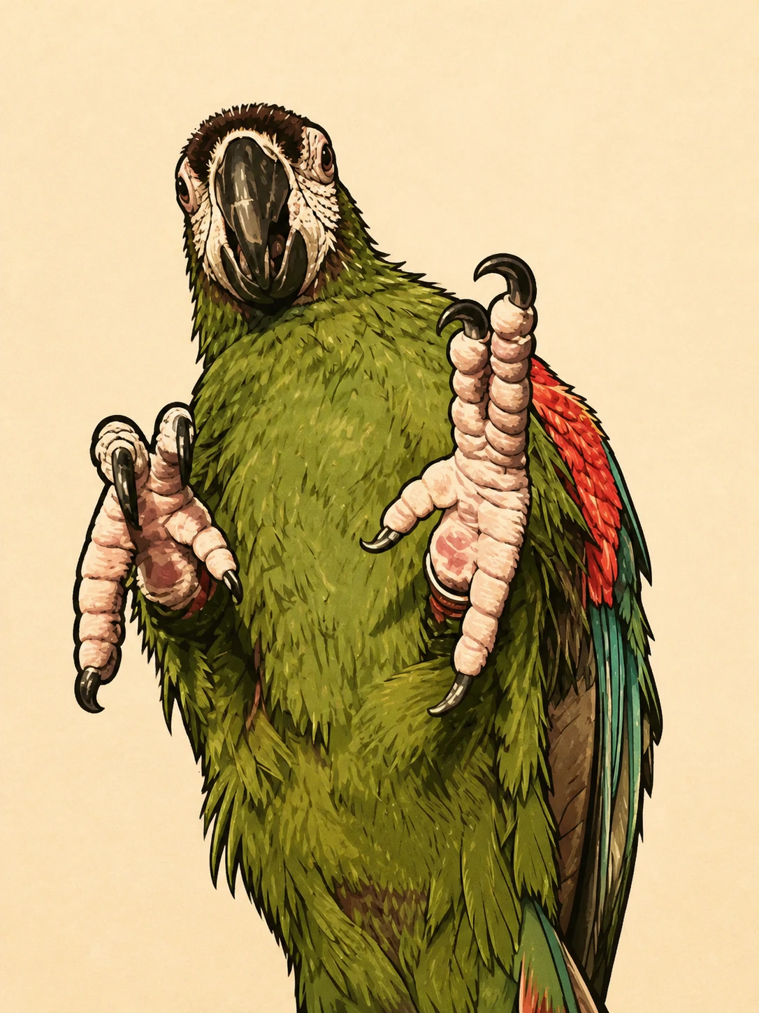 Ink-and-marker illustration of Francine viewed from above, reaching upward with both feet raised and her red underwing feathers showing.