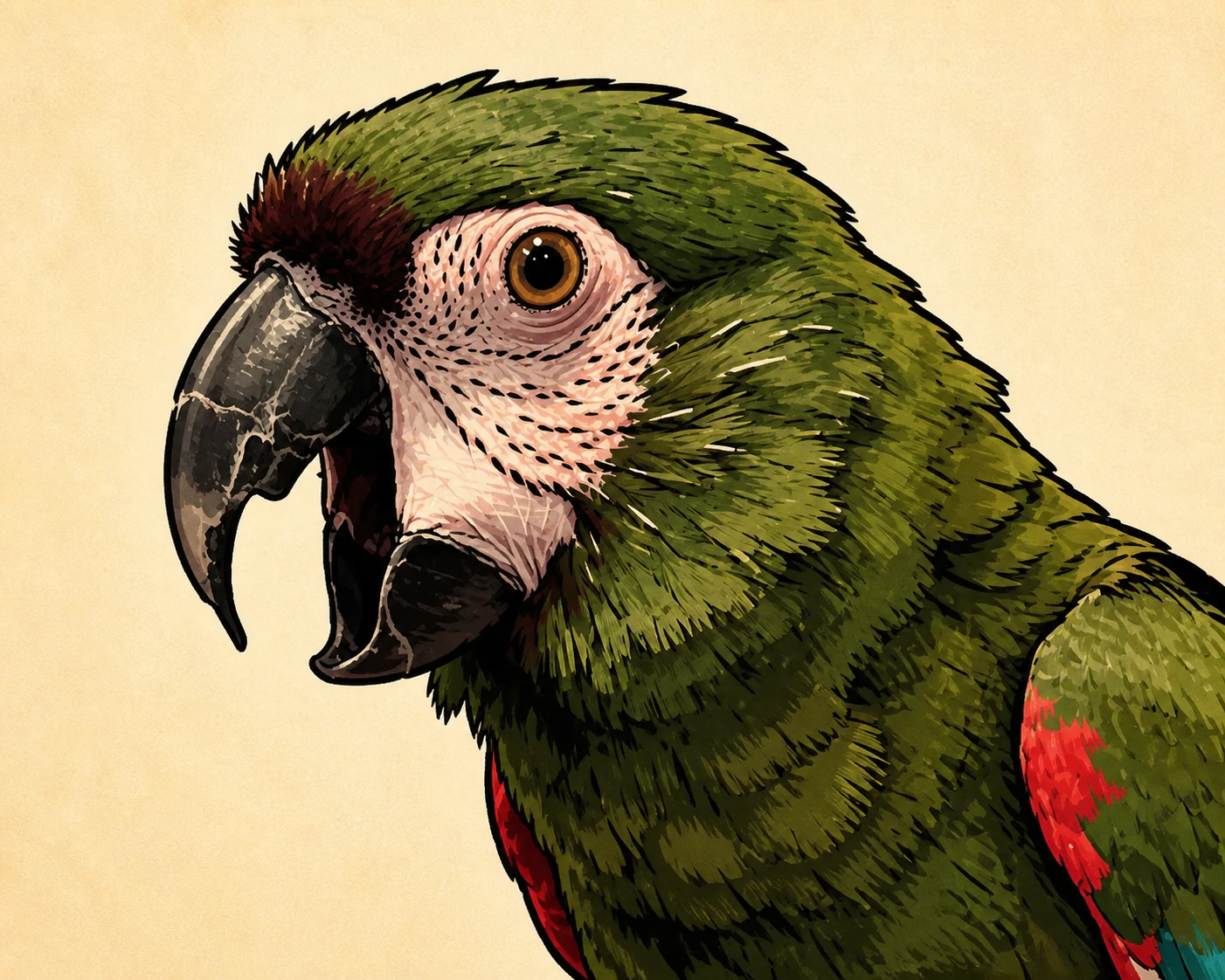 Ink-and-marker illustration of Francine, a green severe macaw with a striped pale face and a dark hooked beak held open.