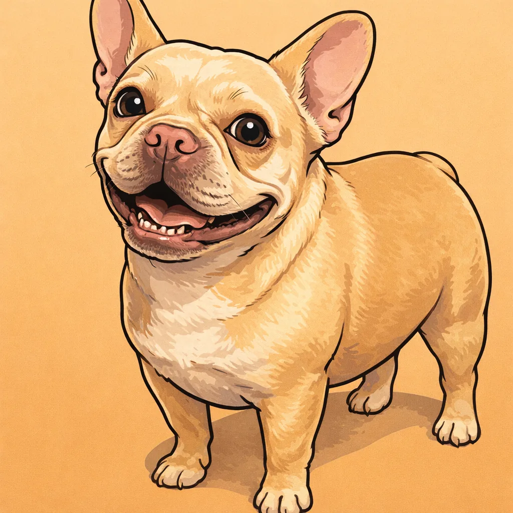 Ink-and-marker illustration of Calliope, a cream French Bulldog smiling.