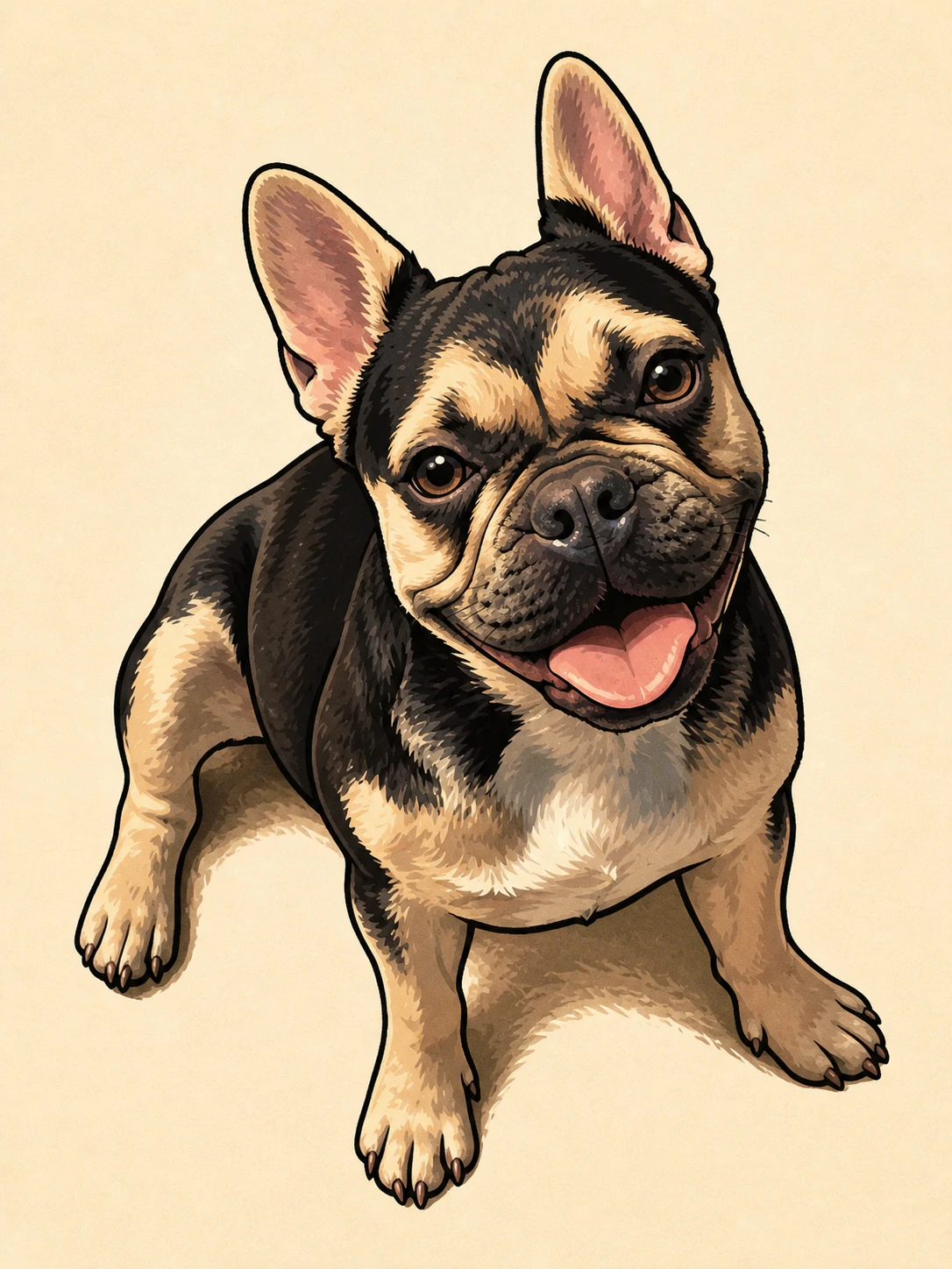 Ink-and-marker illustration of Nina sitting with her tongue out, looking up at the camera.