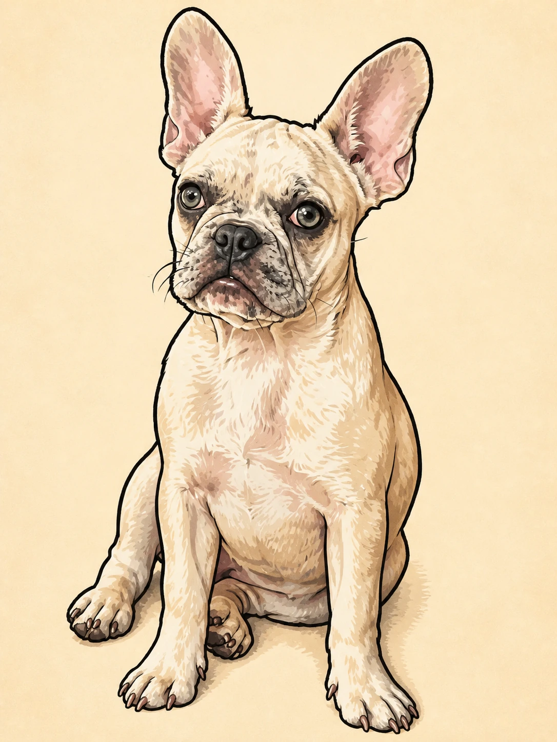 Ink-and-marker illustration of Sofia sitting upright with her ears standing tall.